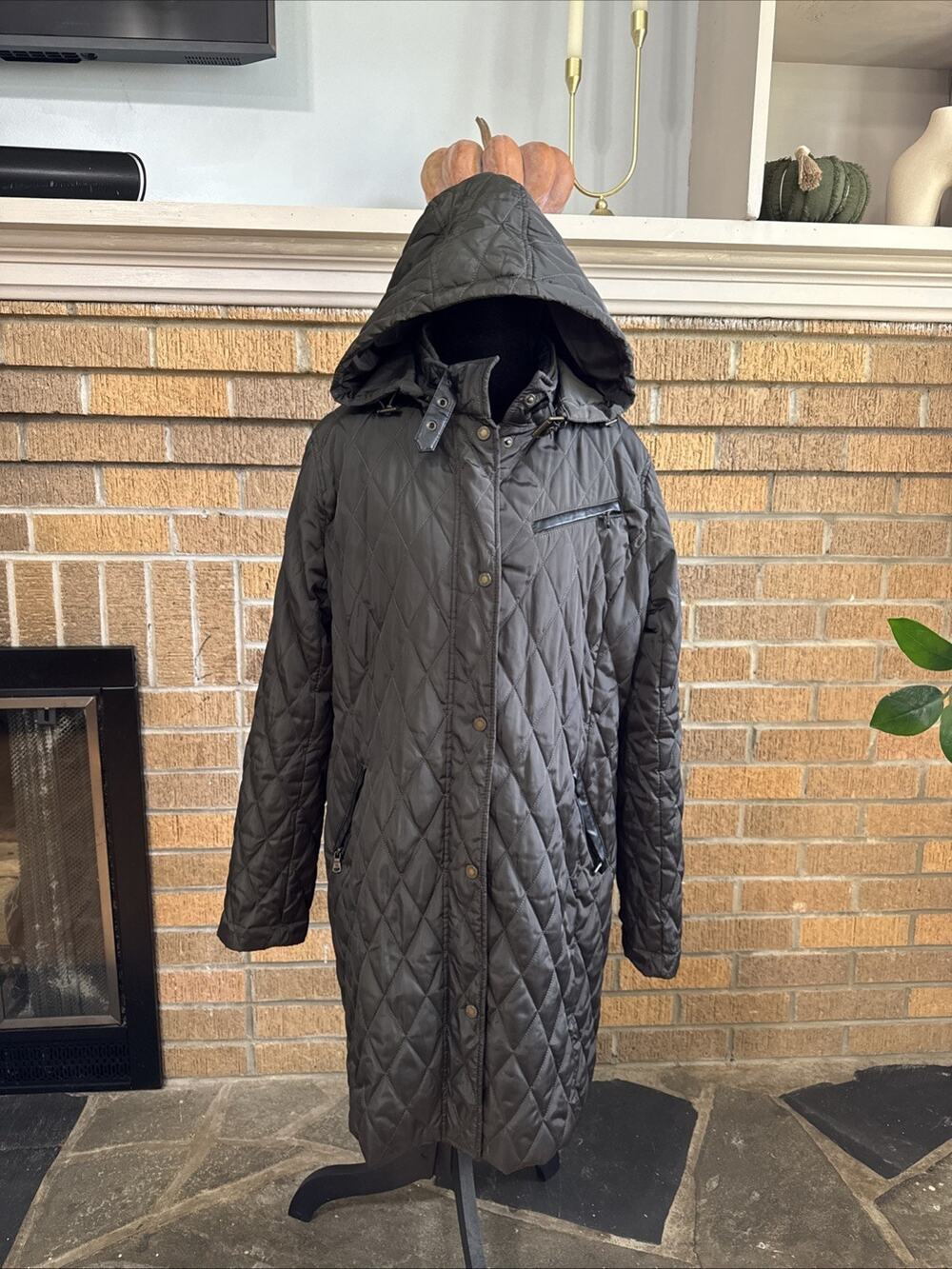 Ralph Lauren Quilted Hooded Coat Faux Leather Trim Women’s L? Green Equestrian